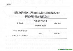 廣東省生態環境廳關于同意清遠市清新區三坑鎮布坑村林業碳普惠項目減排量備案的函